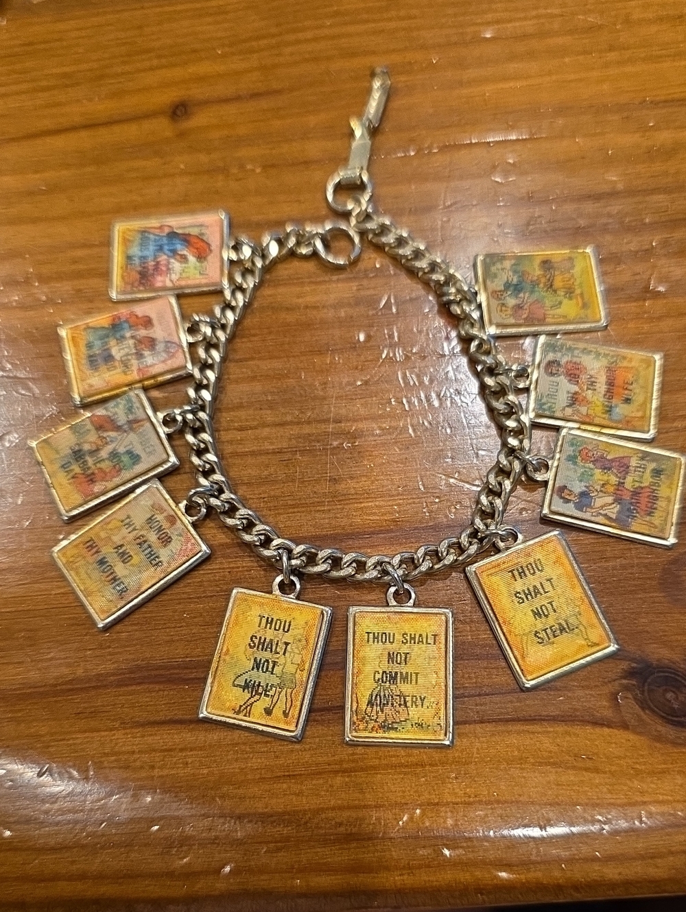 Religious Ten Commandments Charm Bracelet - Yellow Gold Tone
